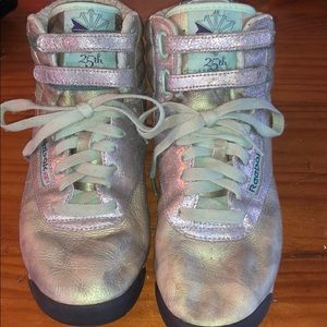 Iridescent Green Reebok Women Freestyle Hi Tops